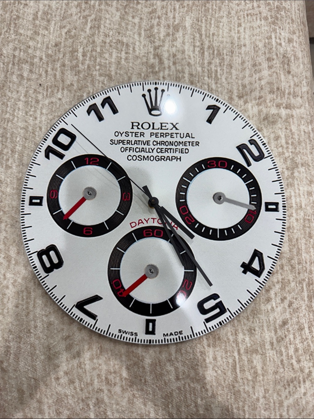 Rolex White Dial Daytona-Style Wall Clock with Black and Red Accents